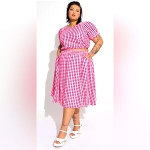 Torrid Pink and White A-Line Midi Skirt Smocked Casual